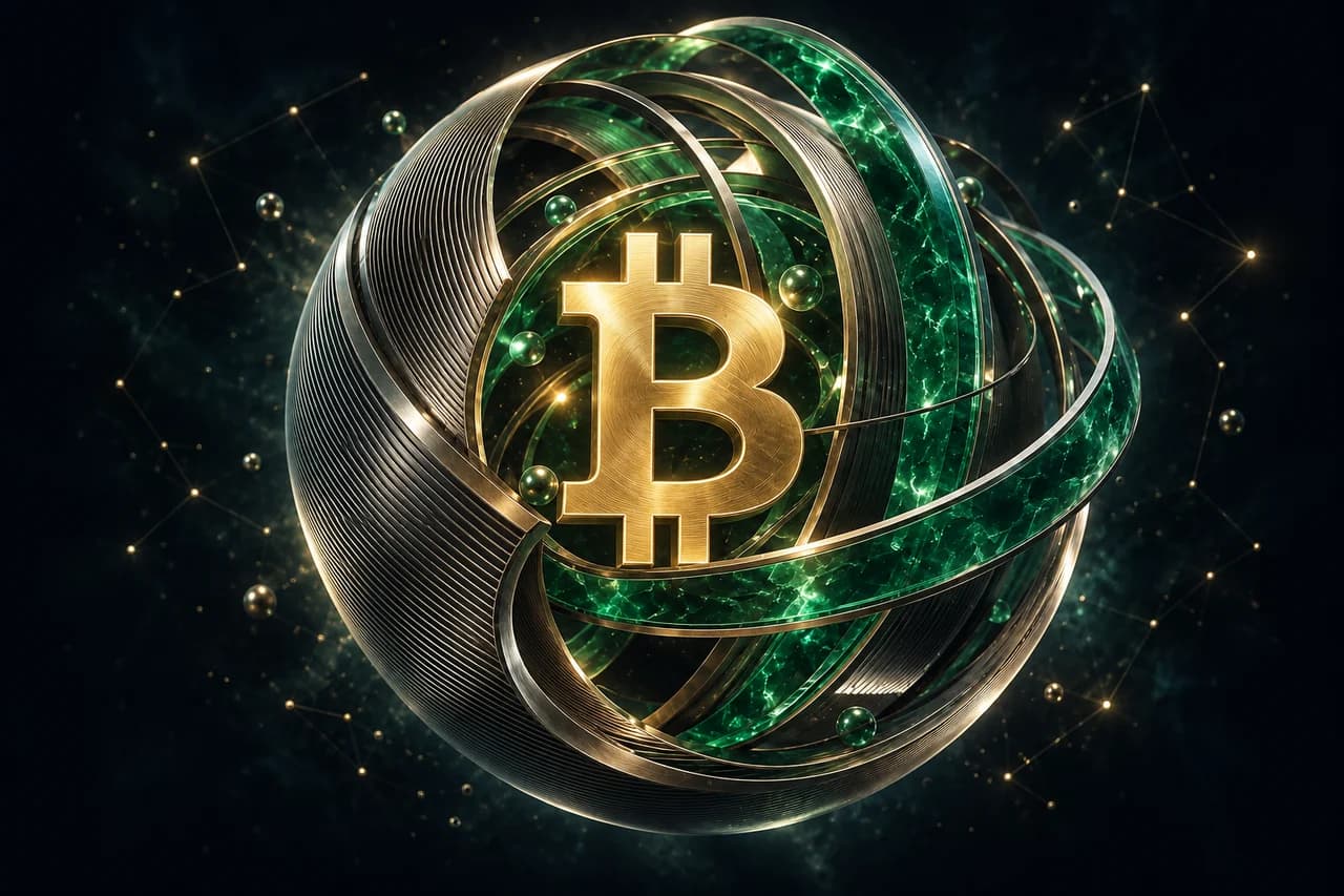 El símbolo dorado de Bitcoin flota entre órbitas de metal y cristal esmeralda.