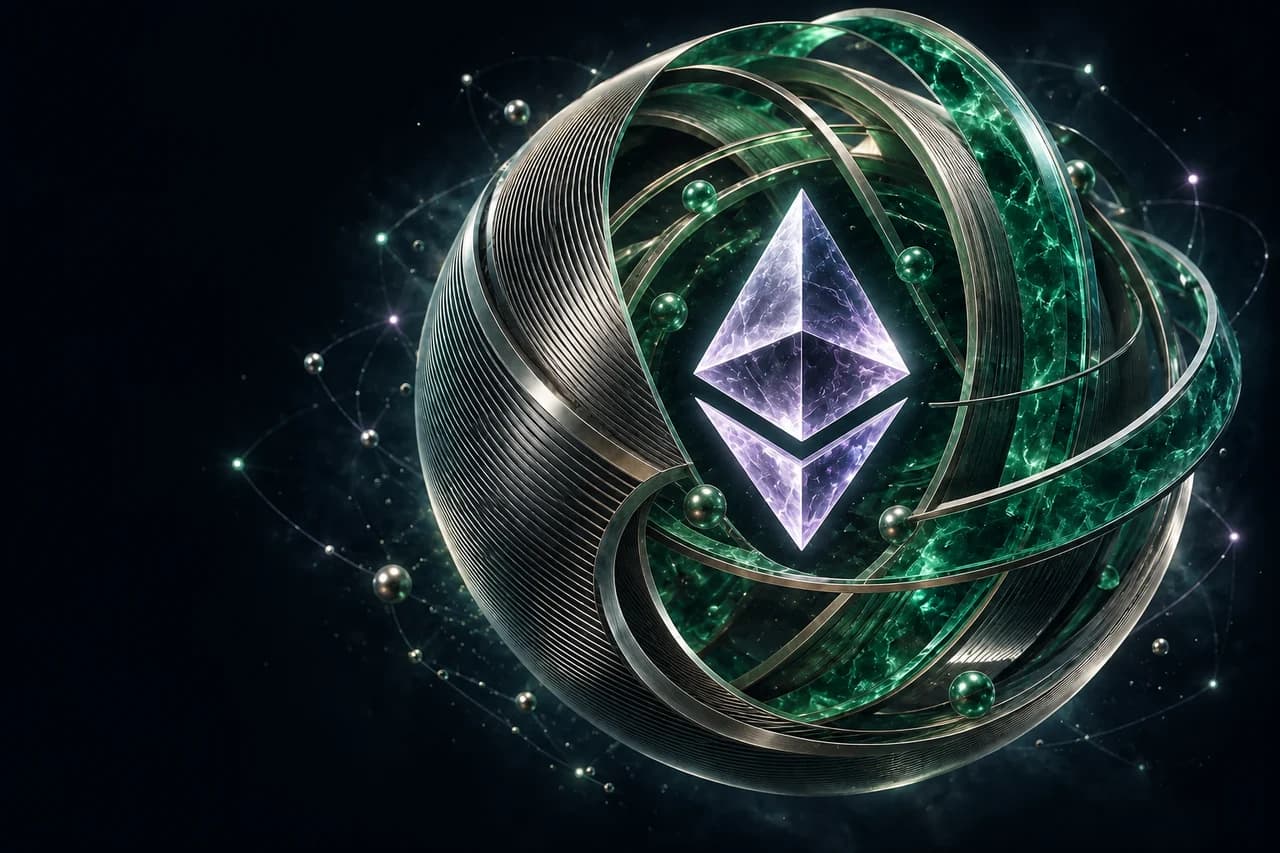 El diamante de Ethereum en cristal violeta flota entre órbitas de metal y cristal esmeralda.